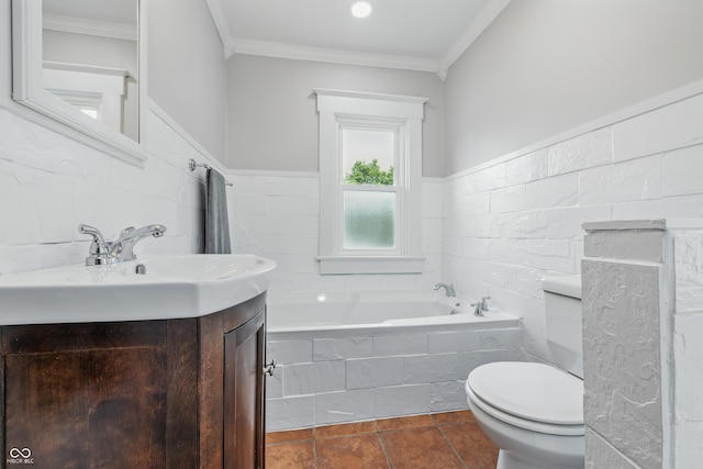 2896 Sutherland Ave, Indianapolis, IN 46205 - bathroom featuring tile walls, vanity, a bath, toilet, and ornamental molding