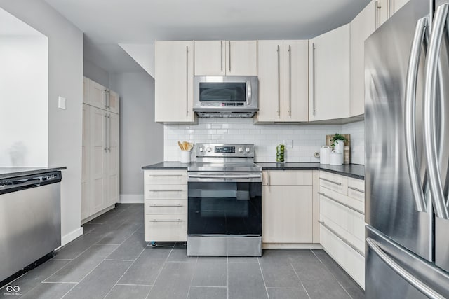 2896 Sutherland Ave, Indianapolis, IN 46205 - kitchen featuring appliances with stainless steel finishes, tasteful backsplash, dark countertops, and baseboards