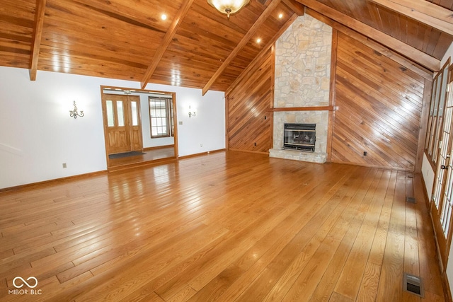 5530 Shawnee Trail S Drive, Indianapolis, IN 46220 - unfurnished living room with heating unit, wood ceiling, light wood-style flooring, a fireplace, and wooden walls