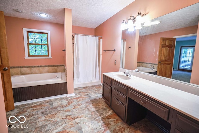 5109 N Weathers Ct, Bloomington, IN 47404 - bathroom featuring a textured ceiling, a bath, vanity, and curtained shower