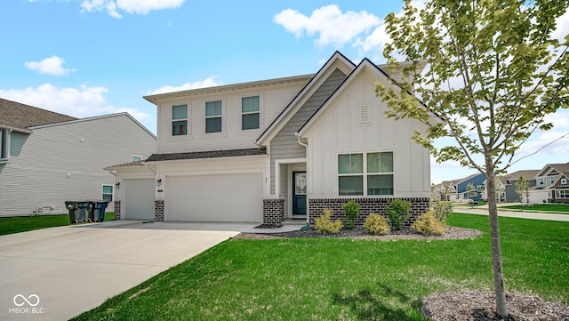 8690 Lester Pl, Pendleton, IN 46064 - craftsman house with board and batten siding, an attached garage, a front yard, driveway, and brick siding