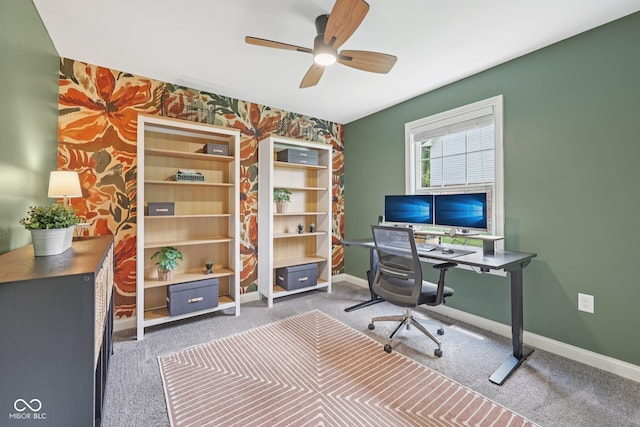 3571 S Cedar Creek Ln, New Palestine, IN 46163 - carpeted home office featuring a ceiling fan, an accent wall, and wallpapered walls