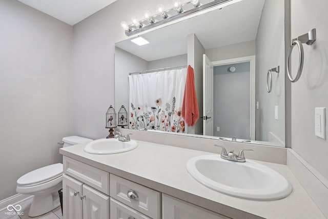 3571 S Cedar Creek Ln, New Palestine, IN 46163 - bathroom featuring double vanity, tile patterned flooring, and curtained shower