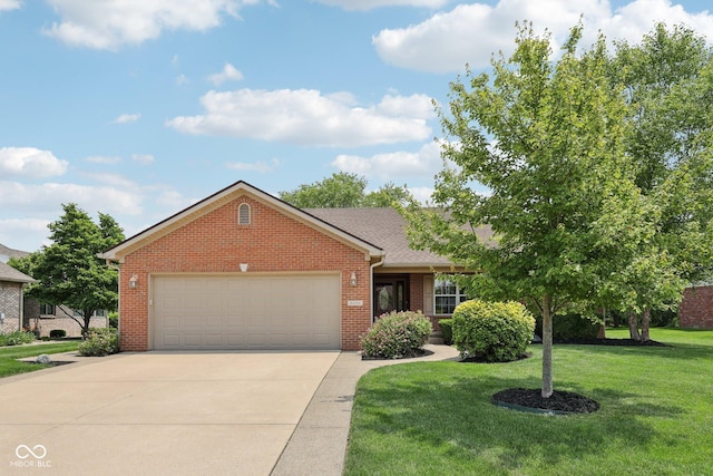 3571 S Cedar Creek Ln, New Palestine, IN 46163 - view of front of property featuring brick siding, driveway, an attached garage, a front lawn, and roof with shingles