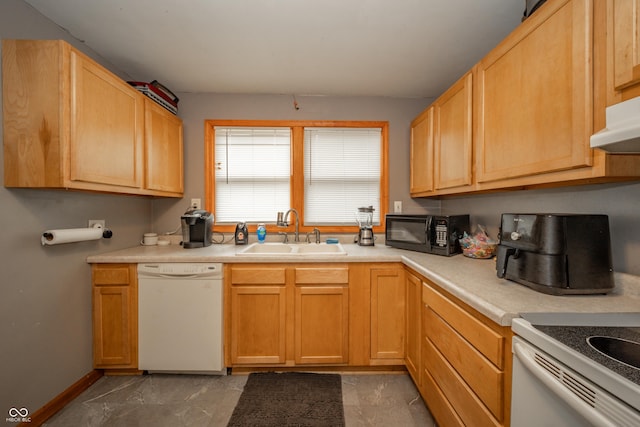 450 Columbia Ave, Tipton, IN 46072 - kitchen featuring white appliances, a sink, light countertops, under cabinet range hood, and baseboards