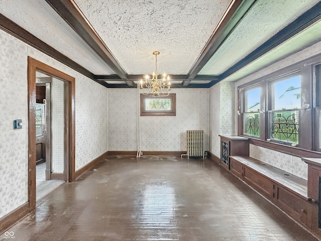 4715 E New York St, Indianapolis, IN 46201 - unfurnished dining area featuring radiator, plenty of natural light, a chandelier, and beam ceiling