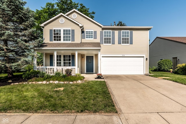 10216 Hatherley Way, Fishers, IN 46037 - traditional-style home featuring a porch, a garage, concrete driveway, and a front lawn