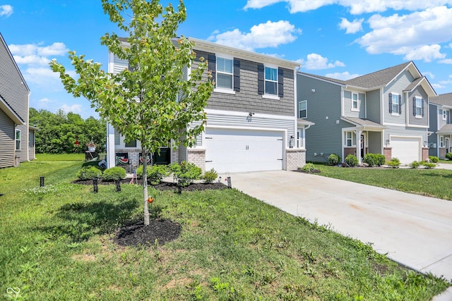 741 Scarsdale Ln, Danville, IN 46122 - view of front of house featuring a garage, brick siding, concrete driveway, a front lawn, and a residential view