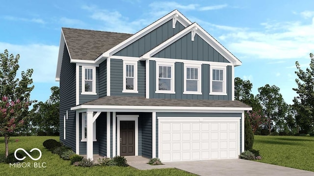 7505 Firecrest Ln, Camby, IN 46113 - view of front of property featuring board and batten siding, a shingled roof, a front lawn, and concrete driveway
