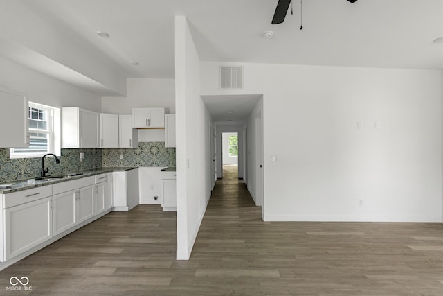 1409 N Grant Ave, Indianapolis, IN 46201 - kitchen featuring a ceiling fan, tasteful backsplash, white cabinetry, and wood finished floors
