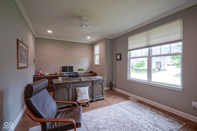16209 Natures Way, Westfield, IN 46074 - office with ceiling fan, recessed lighting, light wood-style floors, and ornamental molding