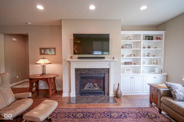 16209 Natures Way, Westfield, IN 46074 - living room featuring wood finished floors, a premium fireplace, recessed lighting, and a textured ceiling