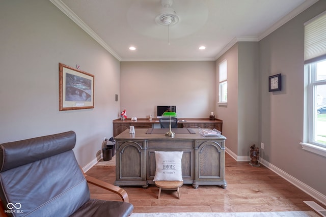 16209 Natures Way, Westfield, IN 46074 - office area featuring plenty of natural light, light wood finished floors, ornamental molding, recessed lighting, and a ceiling fan