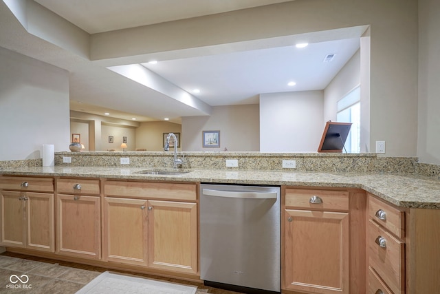 16209 Natures Way, Westfield, IN 46074 - kitchen featuring dishwasher, light stone counters, a peninsula, and recessed lighting