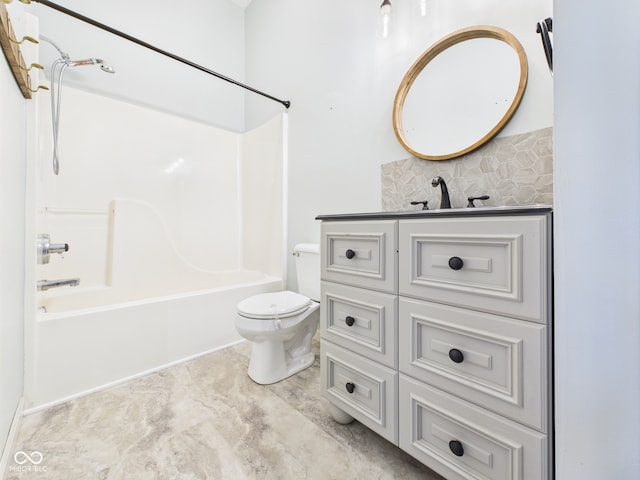 114 Bluebird Ln, Sulphur Springs, IN 47388 - bathroom featuring toilet, bathing tub / shower combination, vanity, and decorative backsplash
