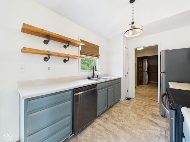 114 Bluebird Ln, Sulphur Springs, IN 47388 - kitchen with appliances with stainless steel finishes, a sink, open shelves, pendant lighting, and light countertops