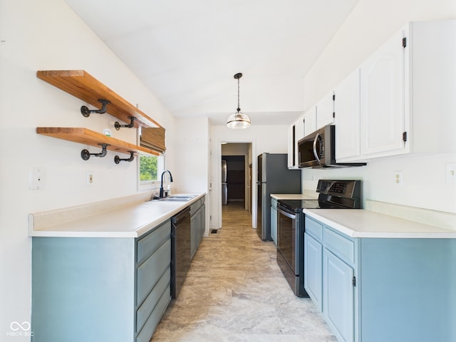 114 Bluebird Ln, Sulphur Springs, IN 47388 - kitchen with stainless steel appliances, open shelves, a sink, white cabinets, and light countertops