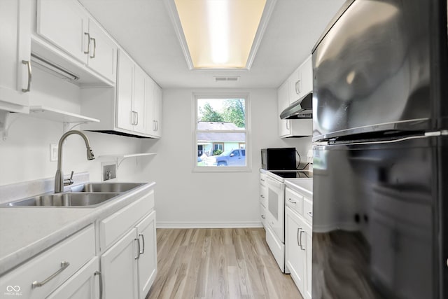 2642 Country Estates Dr, Indianapolis, IN 46227 - kitchen with freestanding refrigerator, electric range, a sink, under cabinet range hood, and open shelves