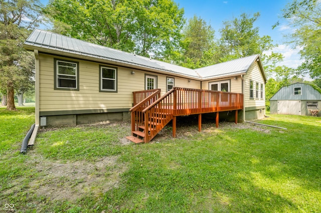 5800 S Shore Dr, Nashville, IN 47448 - rear view of property featuring a wooden deck, a yard, a metal roof, and crawl space