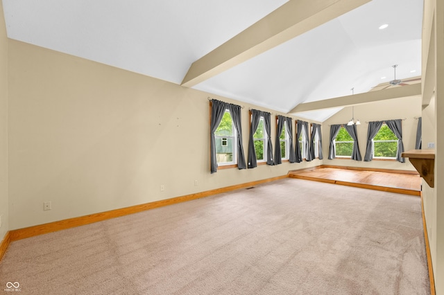 5800 S Shore Dr, Nashville, IN 47448 - unfurnished living room featuring lofted ceiling, a ceiling fan, carpet flooring, and recessed lighting