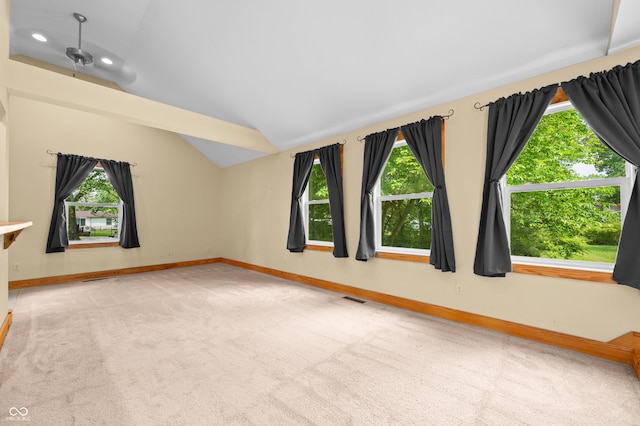 5800 S Shore Dr, Nashville, IN 47448 - unfurnished living room featuring lofted ceiling, carpet flooring, and recessed lighting