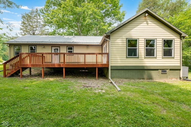 5800 S Shore Dr, Nashville, IN 47448 - rear view of house with a deck, a lawn, crawl space, and a metal roof