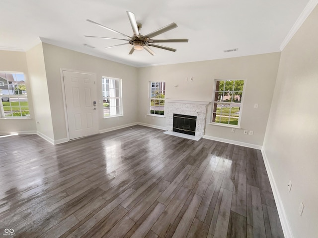1359 Shadow Ridge Rd, Indianapolis, IN 46280 - unfurnished living room with ceiling fan, dark wood-style floors, baseboards, and crown molding