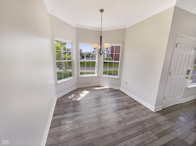 1359 Shadow Ridge Rd, Indianapolis, IN 46280 - unfurnished dining area featuring dark wood-style flooring, a chandelier, and ornamental molding