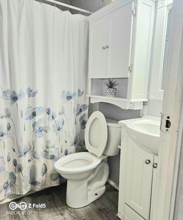 731 Sunset Blvd, Greenwood, IN 46142 - full bath with toilet, vanity, wood finished floors, and a shower with shower curtain