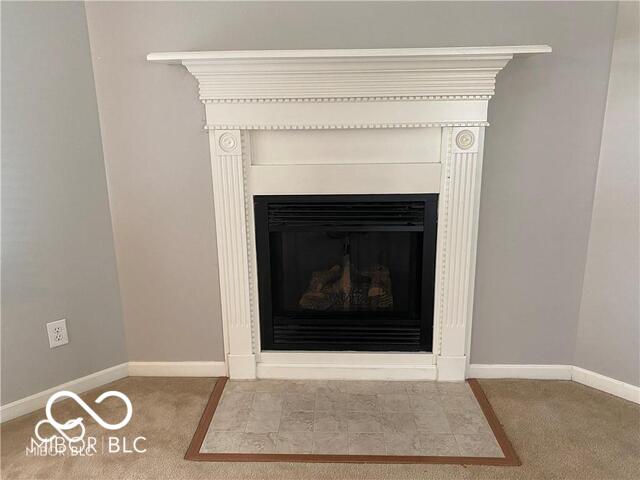 1128 Brookside Ct, Avon, IN 46123 - detailed view of a fireplace with flush hearth and carpet