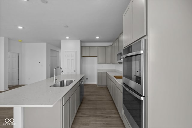 12490 Morning Ridge Way, Noblesville, IN 46060 - kitchen featuring appliances with stainless steel finishes, gray cabinetry, light wood-style floors, a kitchen island with sink, and recessed lighting