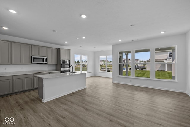 12490 Morning Ridge Way, Noblesville, IN 46060 - kitchen with gray cabinets, recessed lighting, wood finished floors, an island with sink, and light countertops