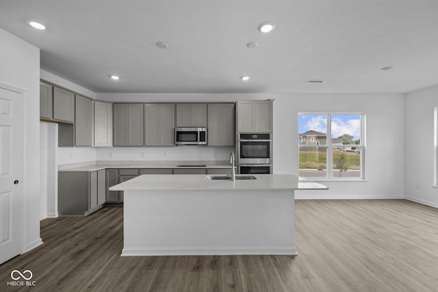 12490 Morning Ridge Way, Noblesville, IN 46060 - kitchen with gray cabinets, wood finished floors, a kitchen island with sink, recessed lighting, and appliances with stainless steel finishes