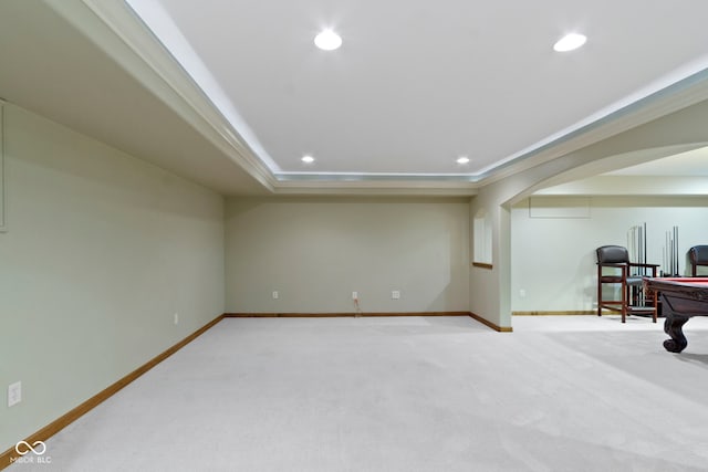 5037 Surrey Ln, Carmel, IN 46033 - below grade area featuring recessed lighting, crown molding, carpet floors, and arched walkways