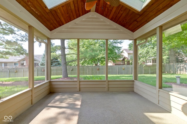 5037 Surrey Ln, Carmel, IN 46033 - unfurnished sunroom with a skylight, lofted ceiling, healthy amount of natural light, and a ceiling fan