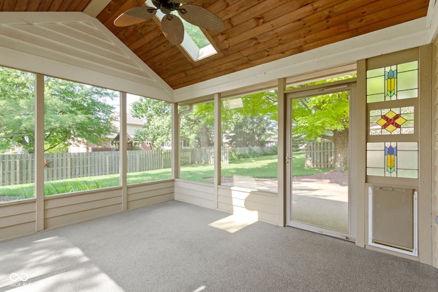 5037 Surrey Ln, Carmel, IN 46033 - unfurnished sunroom featuring lofted ceiling, a ceiling fan, and a skylight