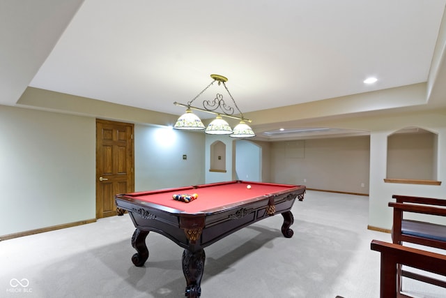 5037 Surrey Ln, Carmel, IN 46033 - rec room with light colored carpet, billiards table, arched walkways, and recessed lighting