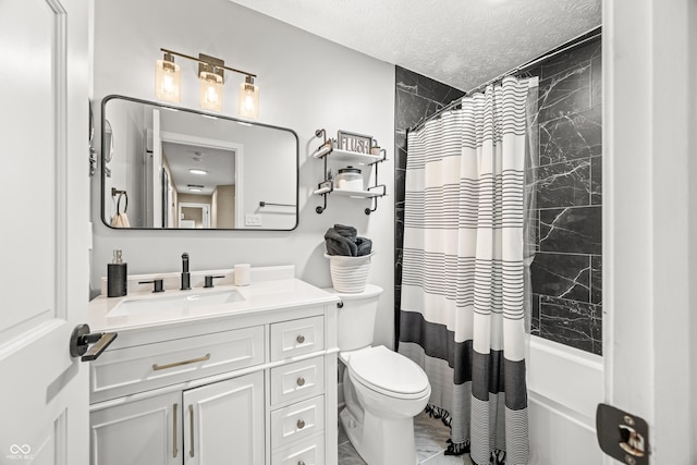 7833 Meadow Bend Dr, Indianapolis, IN 46259 - bathroom with vanity, toilet, marble look tile flooring, a textured ceiling, and shower / bath combo with shower curtain