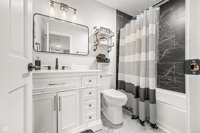 7833 Meadow Bend Dr, Indianapolis, IN 46259 - bathroom with marble look tile flooring, vanity, toilet, shower / bath combination with curtain, and a textured ceiling