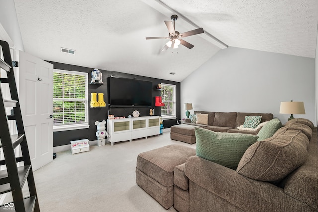 7833 Meadow Bend Dr, Indianapolis, IN 46259 - carpeted living room featuring ceiling fan, a textured ceiling, and baseboards