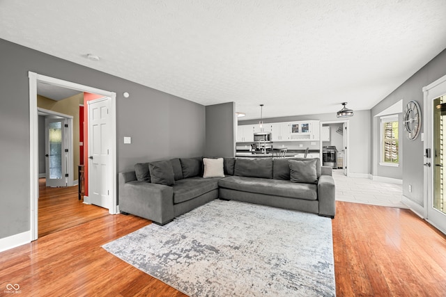 7833 Meadow Bend Dr, Indianapolis, IN 46259 - living area featuring light wood-style floors, a textured ceiling, and baseboards