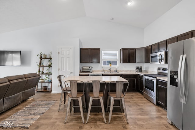 12105 Fall Ct, Indianapolis, IN 46229 - kitchen featuring stainless steel appliances, open floor plan, dark brown cabinetry, a kitchen breakfast bar, and high vaulted ceiling