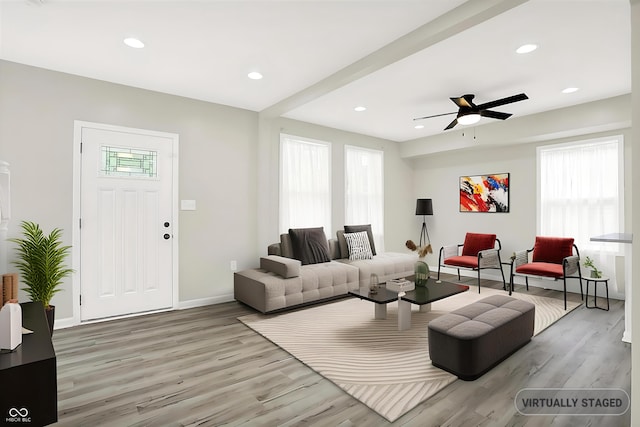 1338 N Parker Ave, Indianapolis, IN 46201 - living area with wood finished floors, baseboards, a ceiling fan, and recessed lighting