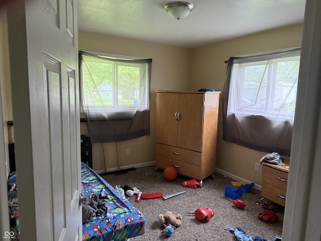 bedroom featuring multiple windows and carpet
