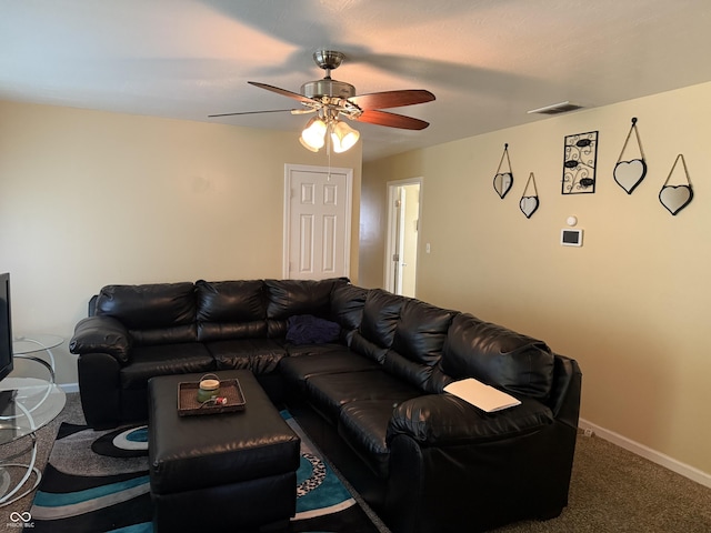 living room featuring ceiling fan and carpet floors