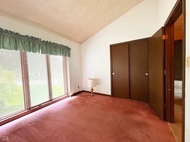7038 E 65th St, Indianapolis, IN 46256 - unfurnished bedroom with vaulted ceiling, carpet, a textured ceiling, and a closet