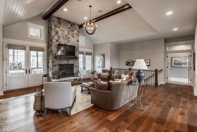 10974 Harbor Bay Dr, Fishers, IN 46040 - living room featuring dark wood-style floors, a chandelier, a fireplace, high vaulted ceiling, and a wood ceiling with exposed beams