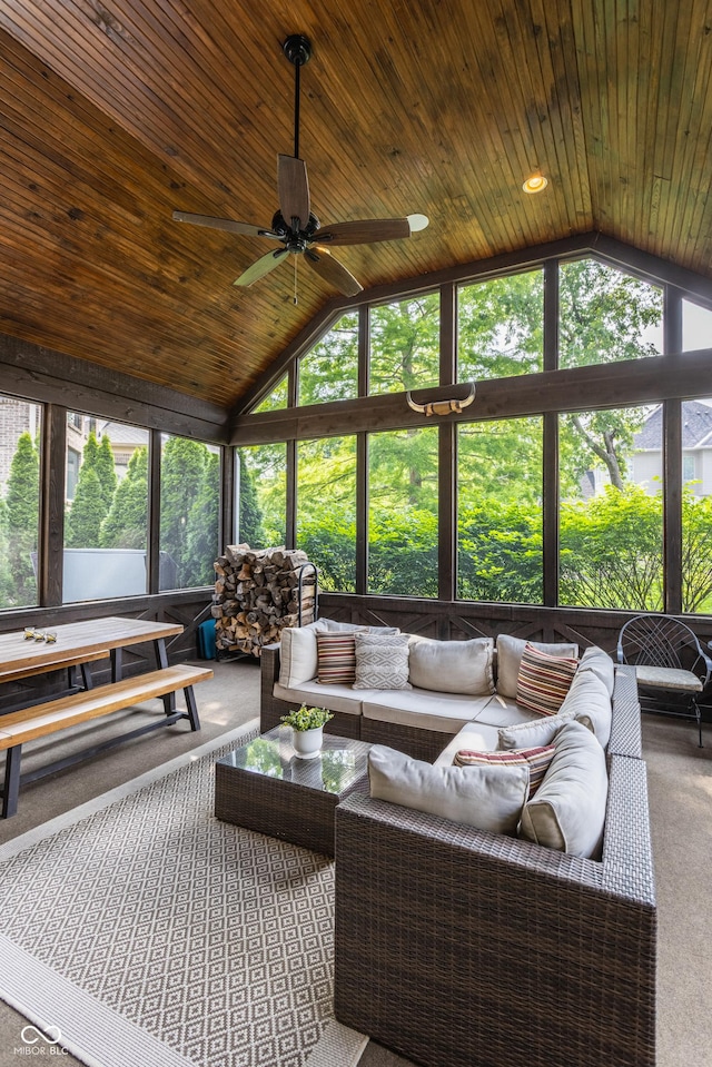 10974 Harbor Bay Dr, Fishers, IN 46040 - living area with a ceiling fan, wooden ceiling, carpet, and high vaulted ceiling