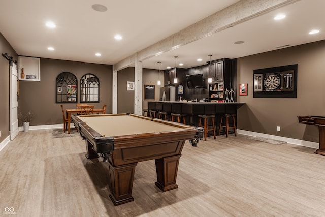 10974 Harbor Bay Dr, Fishers, IN 46040 - recreation room featuring bar, recessed lighting, billiards table, light wood finished floors, and a barn door