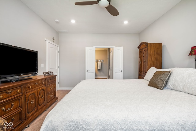 8842 Twain Ln, Indianapolis, IN 46239 - carpeted bedroom with recessed lighting, ceiling fan, and connected bathroom